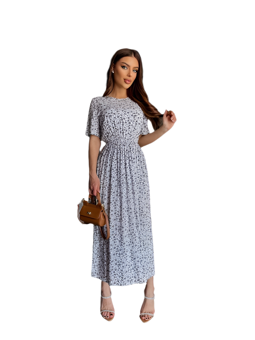 Light Midi Dress with Short Sleeves and Floral Print