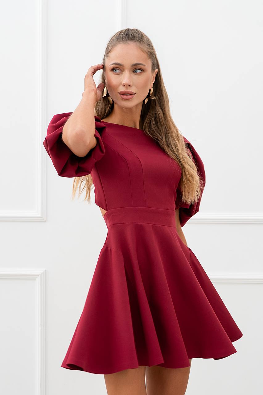 Woman wearing a burgundy dress against a white background