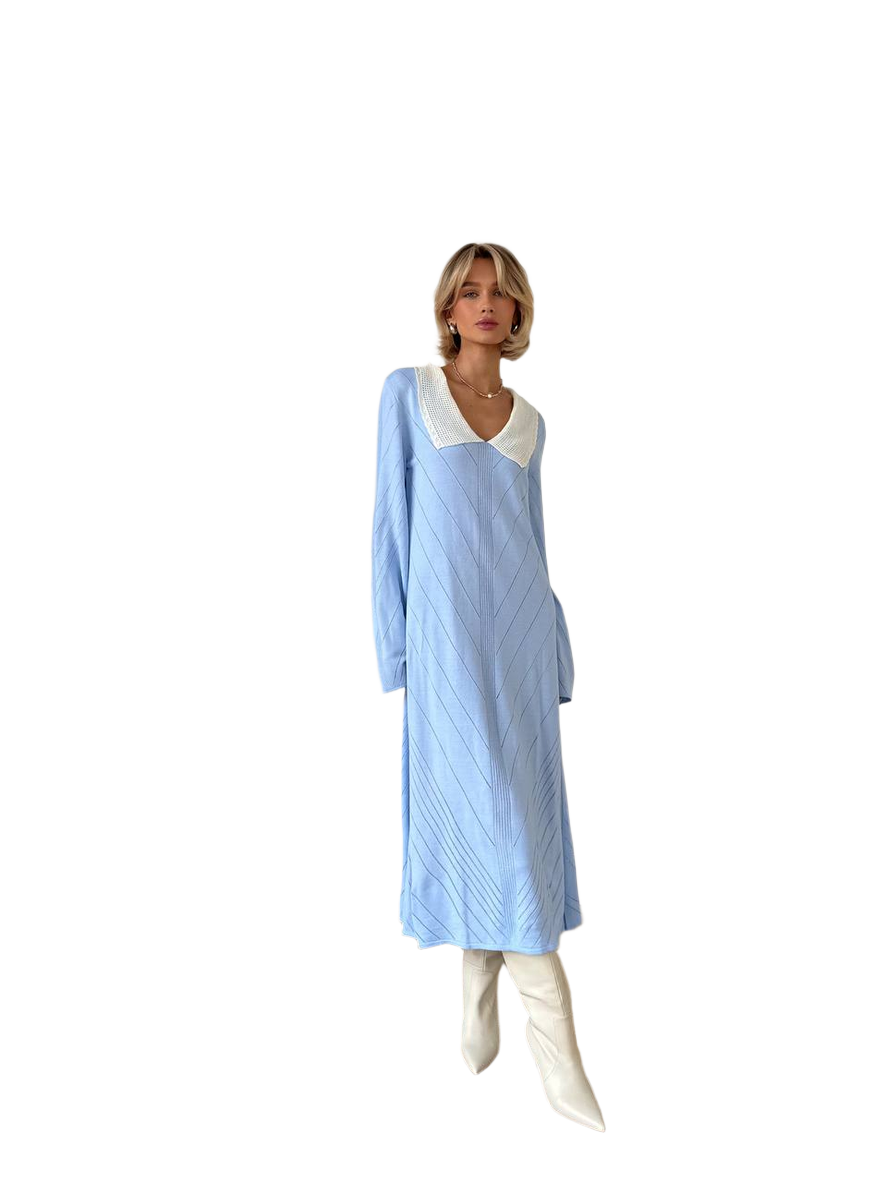 Blue Long Sleeve Dress with White Collar