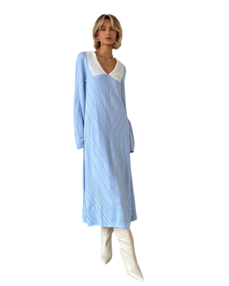 Blue Long Sleeve Dress with White Collar