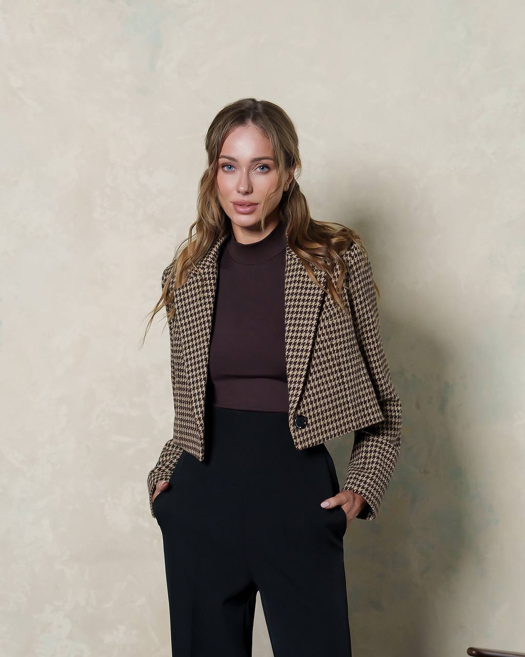 Women's Premium Houndstooth Pattern Blazer Cropped Suit Jacket