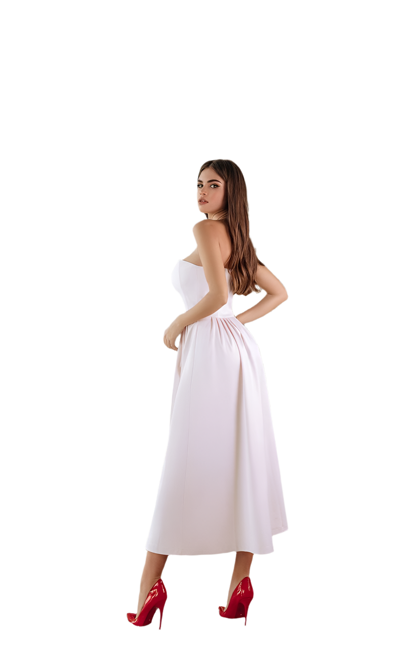Woman wearing a white strapless dress on a white background