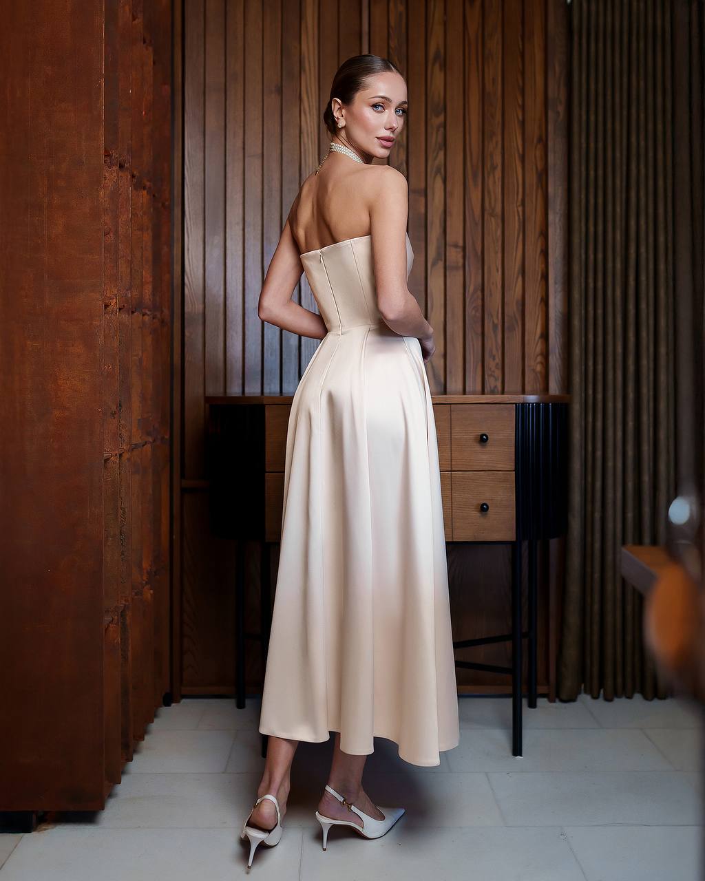 Elegant Premium Dense Satin Strapless Midi Dress for Women