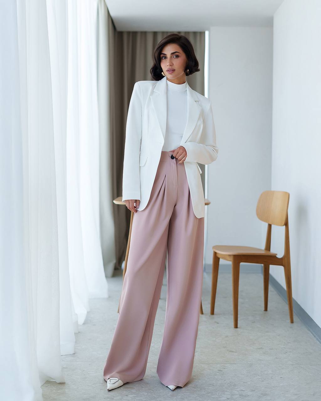 Wide Leg Trousers for Women in Suiting Diagonal Crepe Fabric