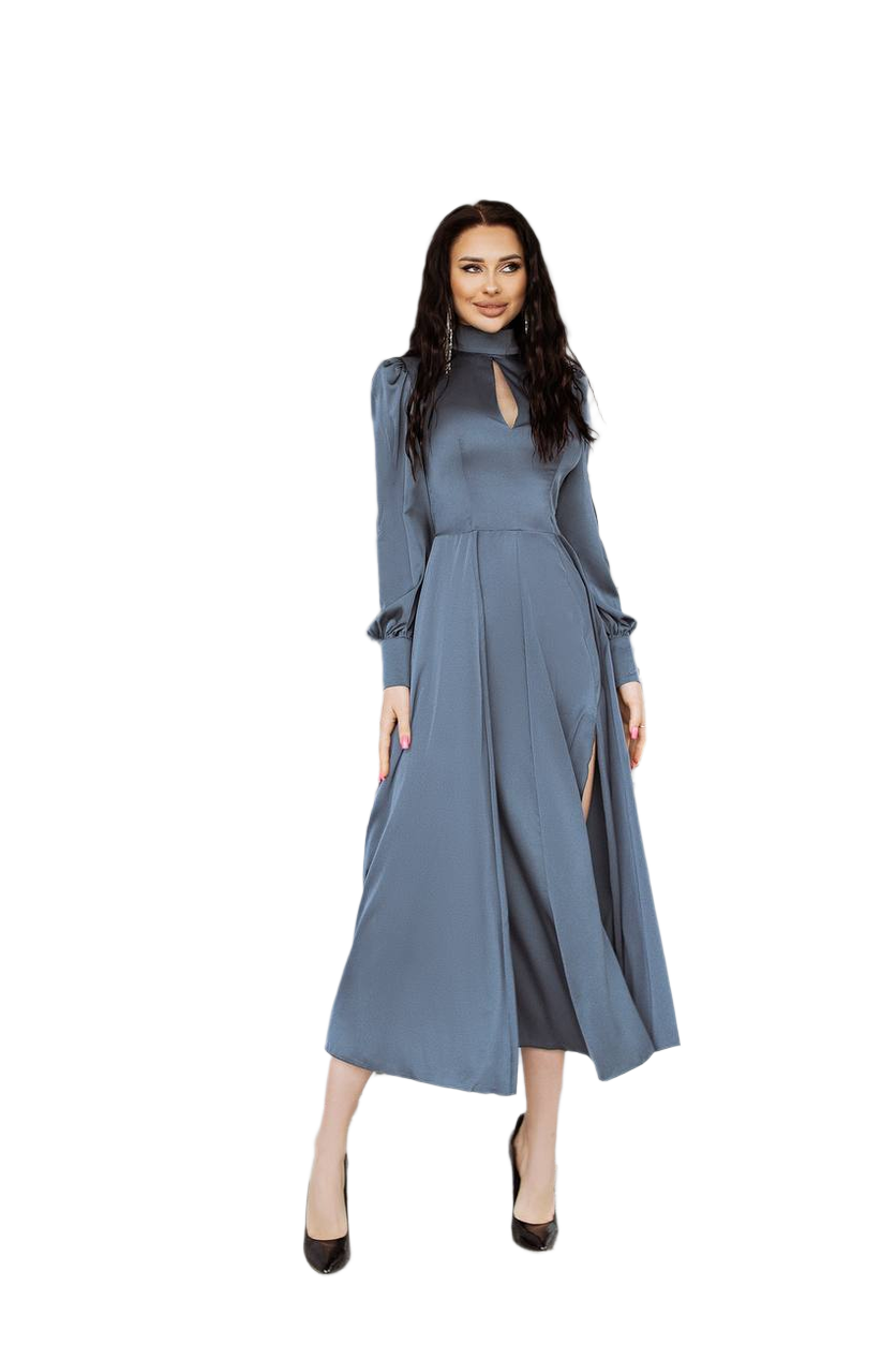 Luxury Long Sleeve Silk Dress With Front Slit In Denim Color