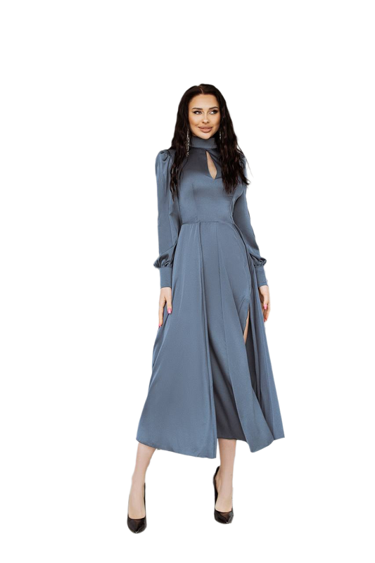 Luxury Long Sleeve Silk Dress With Front Slit In Denim Color