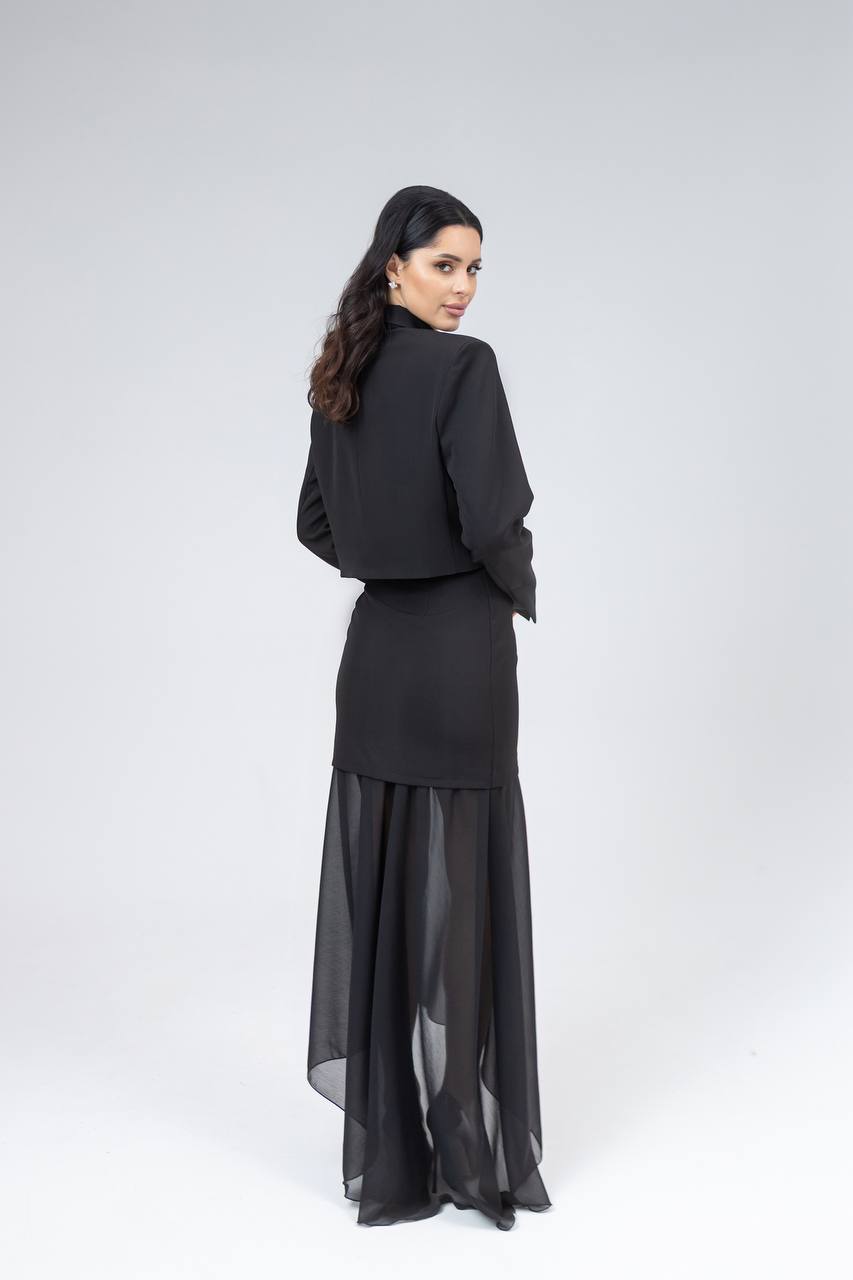 Woman wearing a black outfit with sheer overlay on a white background