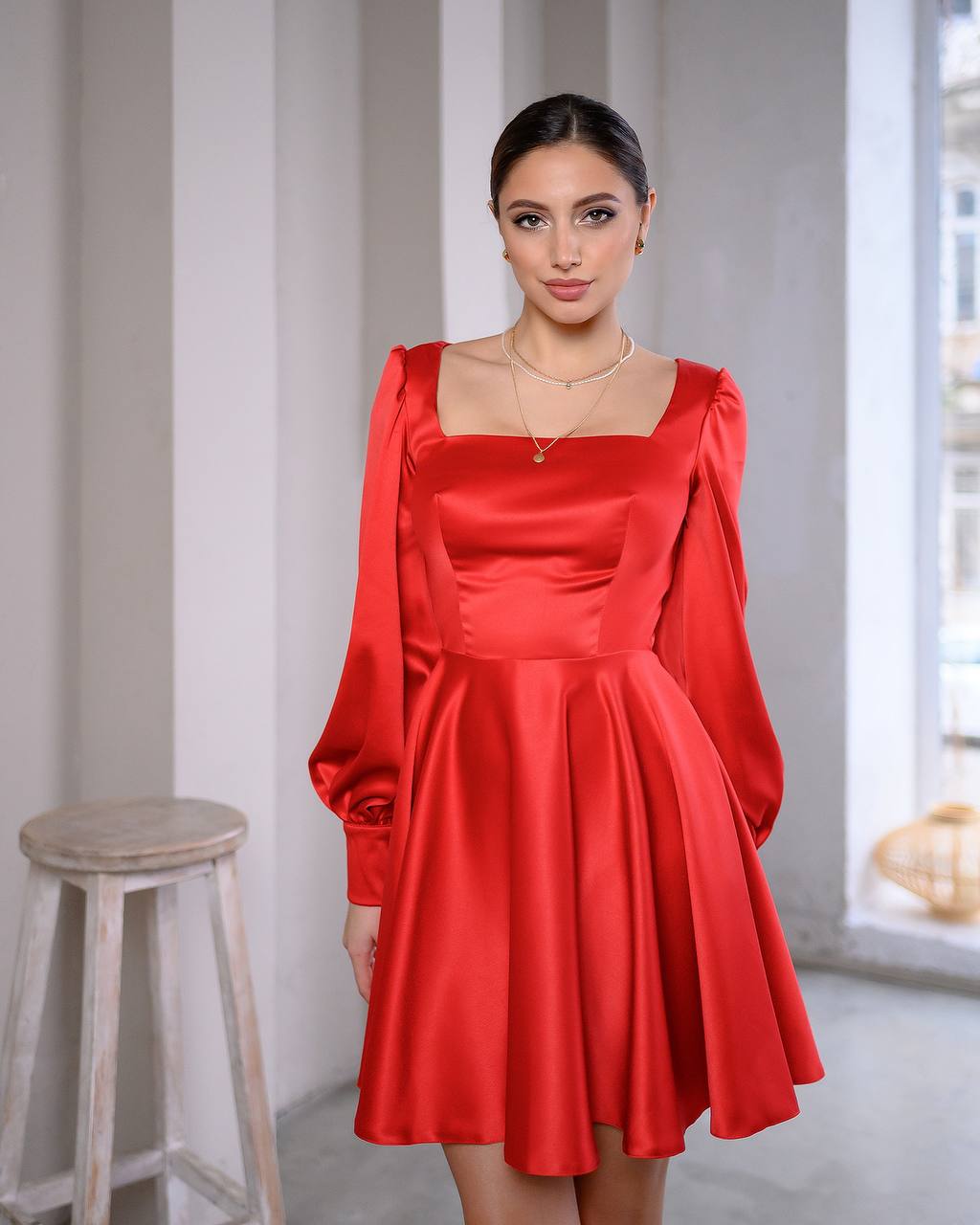 Royal Mango Satin Mini Dress with Puff Sleeves for Women