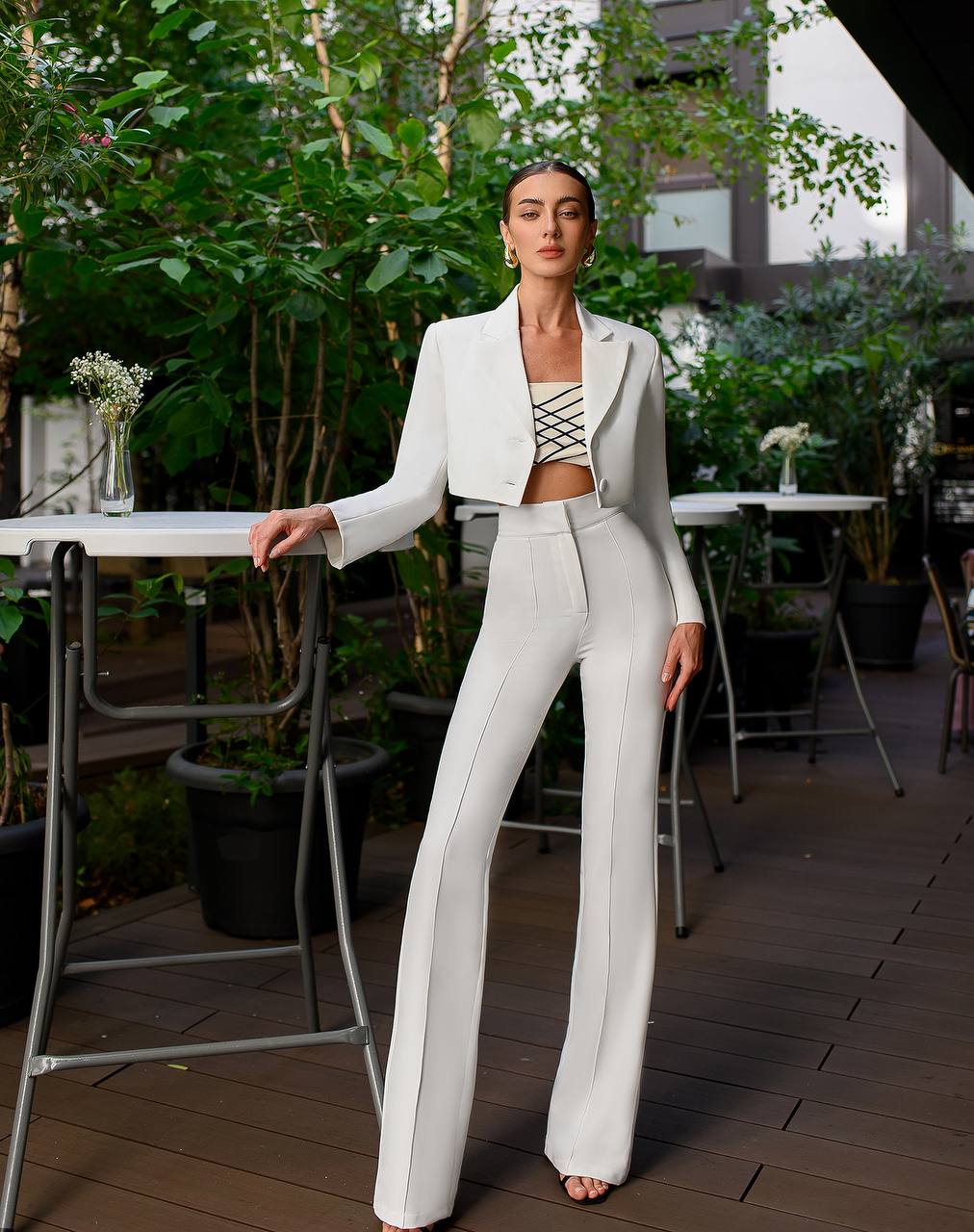 Premium Diagonal Crepe Women's Suit Blazer with Lining and Trousers in White