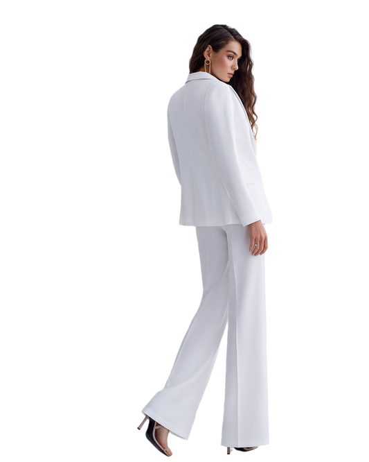 Woman wearing a white suit on a white background