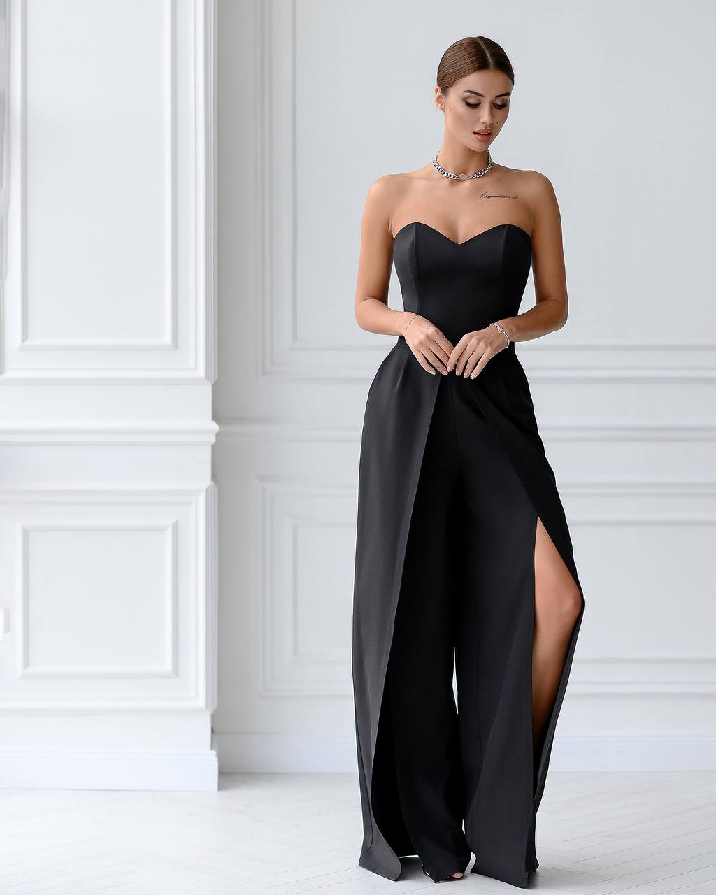 Women's Wide Leg Black Pants with High Slits