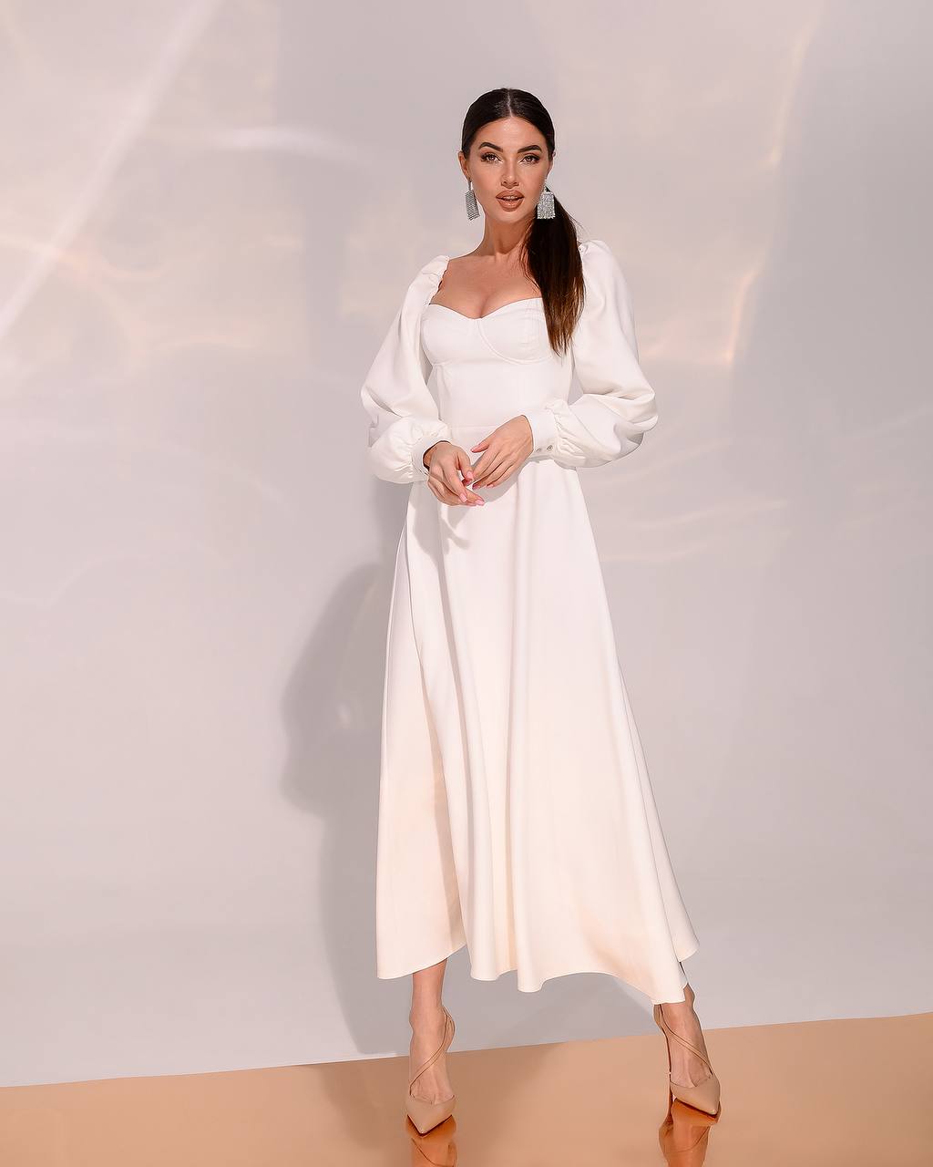 White Midi Dress with Cups and Long Puff Sleeves for Women
