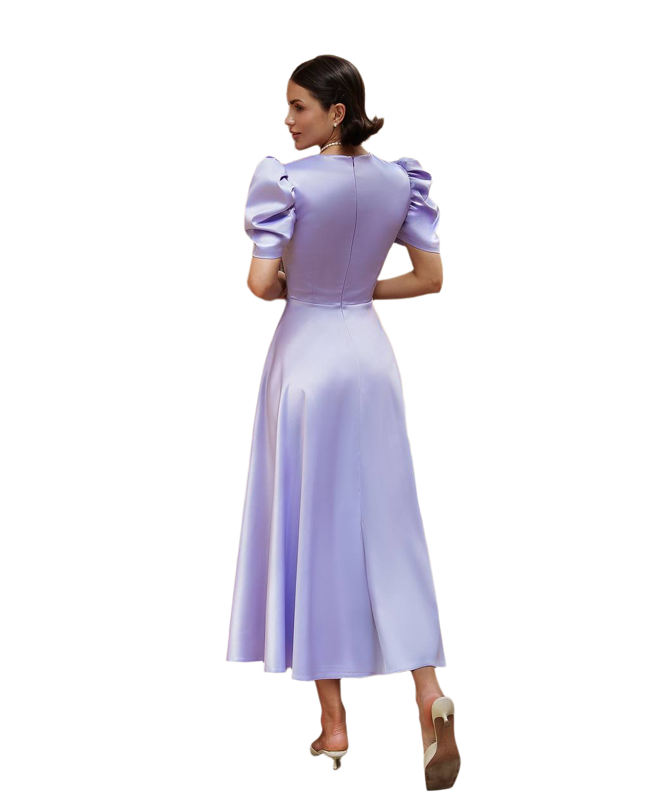 Elegant Puff Sleeve Satin Midi Dress in Lavender