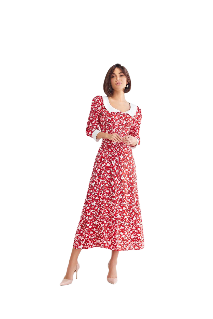 Red Floral Midi Dress with White Collar and Cuffs
