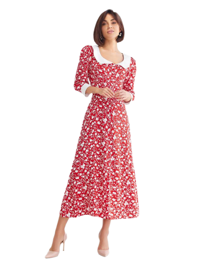 Red Floral Midi Dress with White Collar and Cuffs