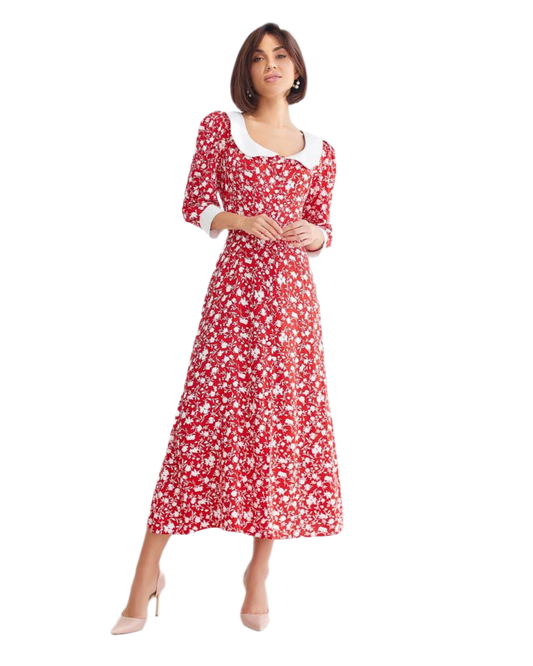 Red Floral Midi Dress with White Collar and Cuffs