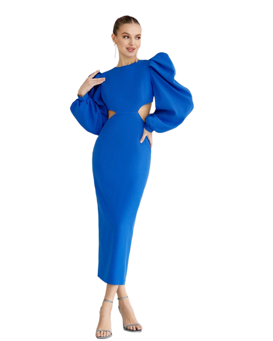 Woman wearing a blue dress with puffed sleeves on a white background