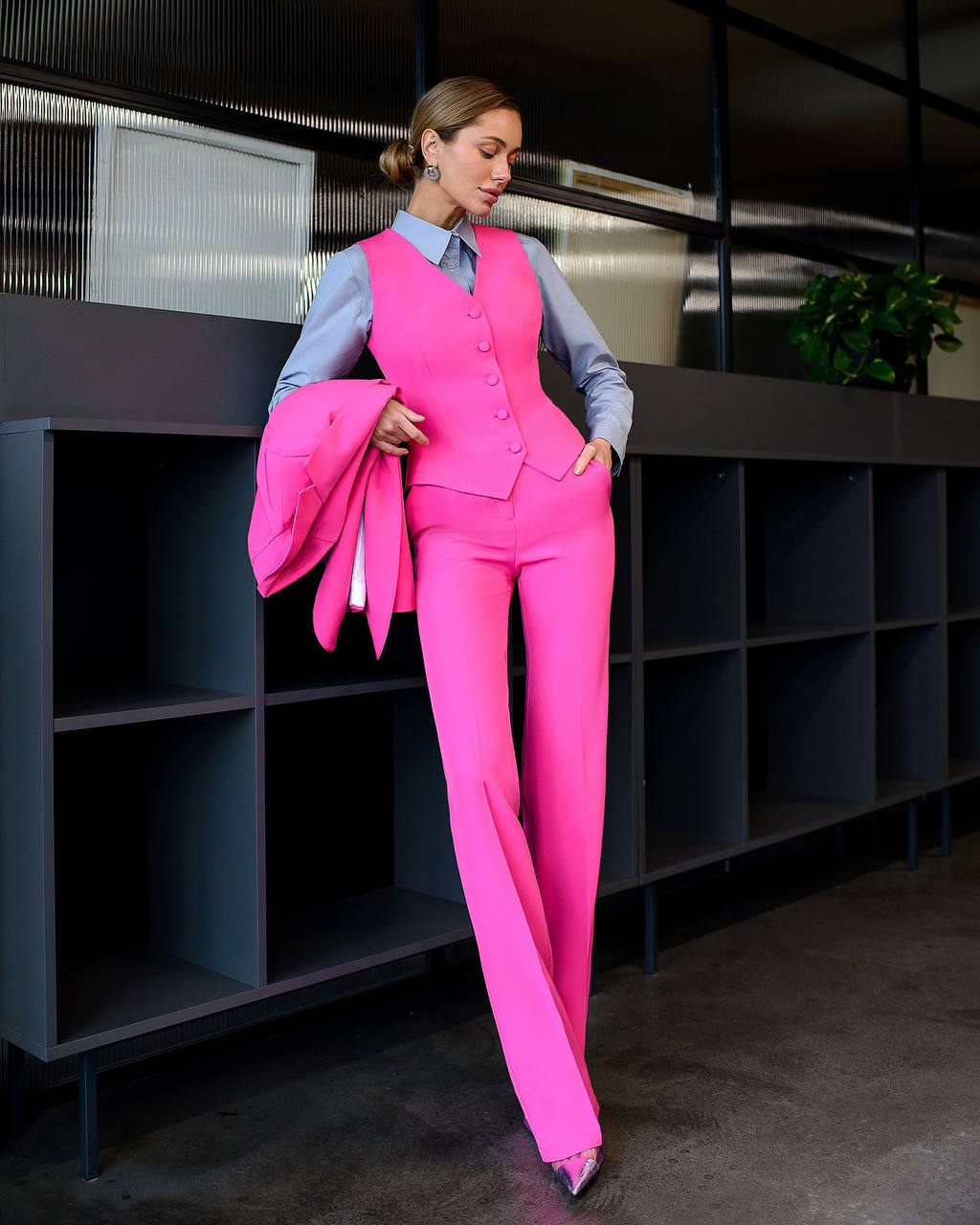 Womens Three Piece Suit with Vest in Vibrant Pink Diagonal Crepe