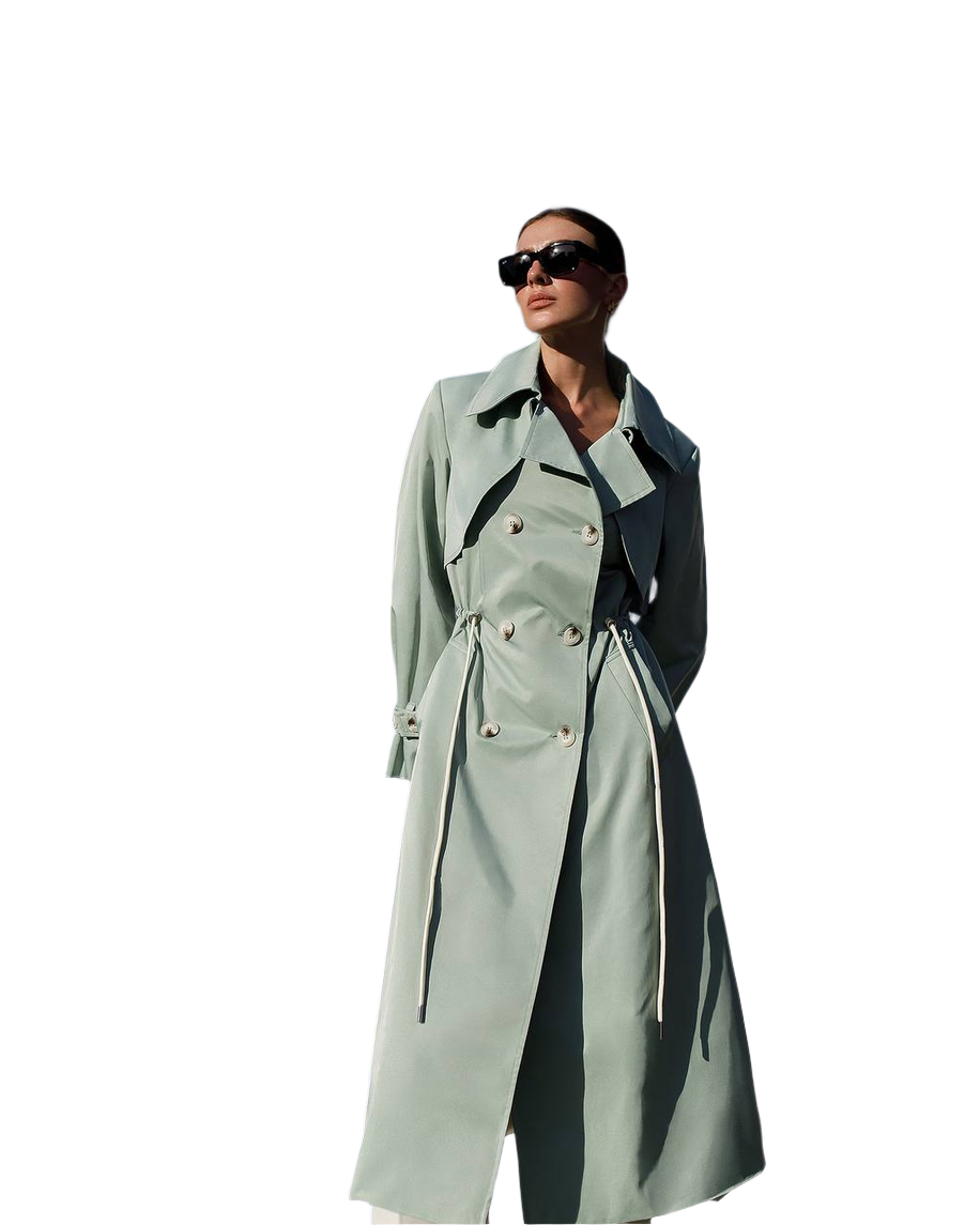 Womens Long Trench Coat Memory Cotton Double Breasted Belted