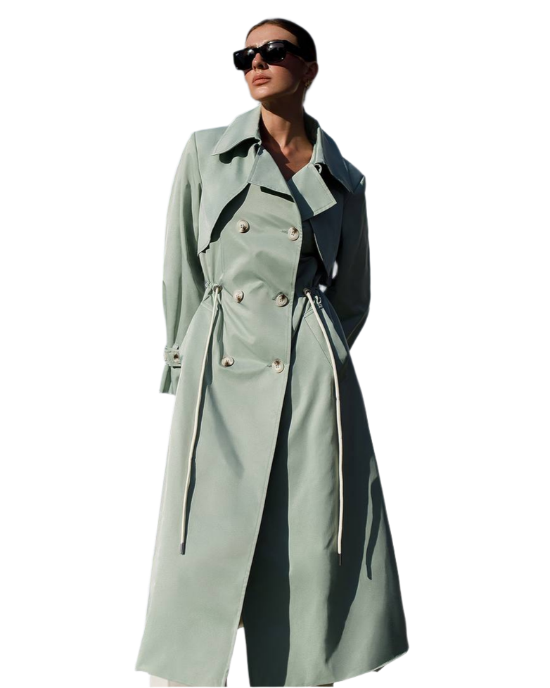 Womens Long Trench Coat Memory Cotton Double Breasted Belted