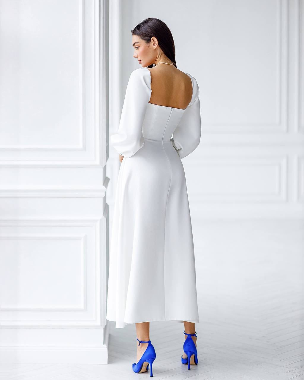 White Midi Dress with Cups and Long Puff Sleeves for Women