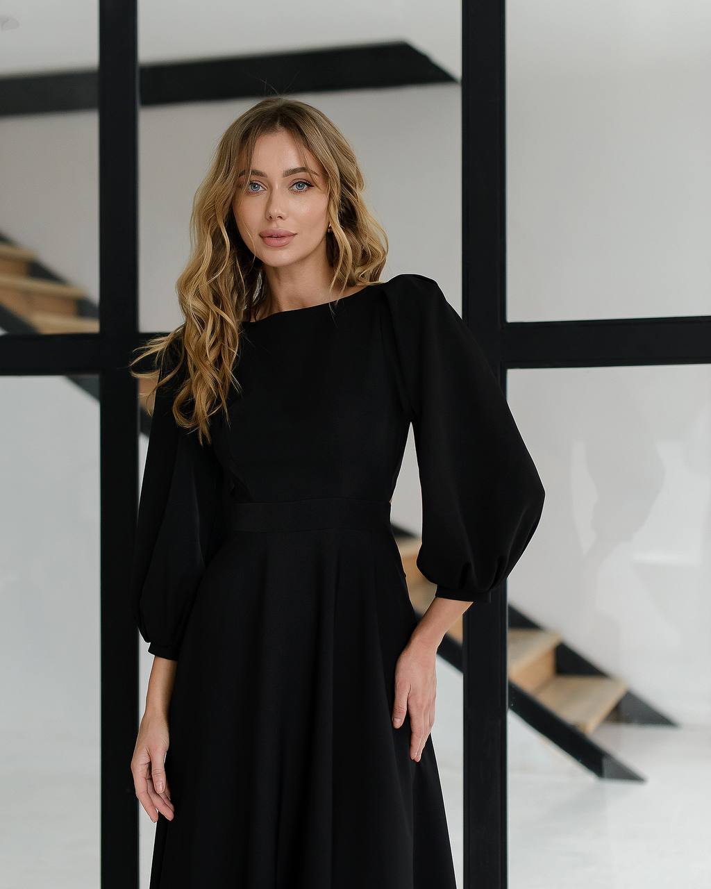 Elegant Midi Dress with Puff Sleeves and Cutout Back in Black