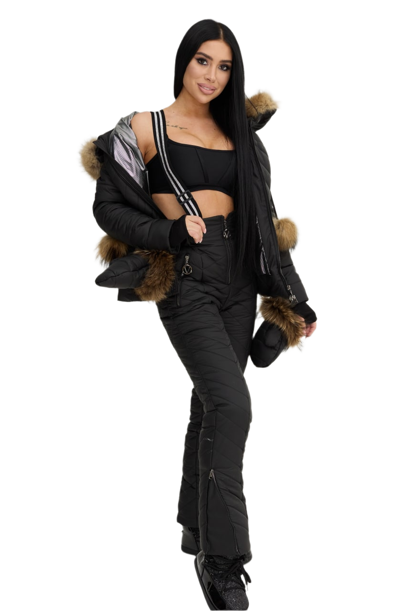 Woman wearing a black jacket with fur trim and black pants on a white background