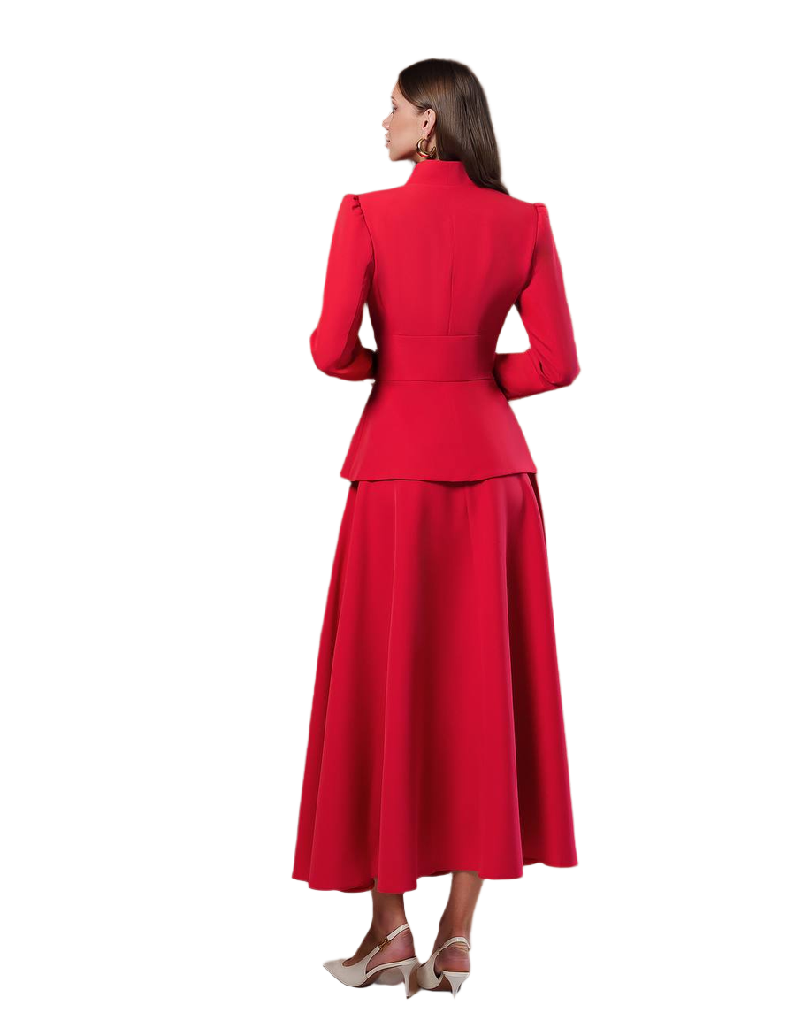 Womens Premium Suit Crepe Diagonal Jacket and Skirt Set in Red Milk and Black