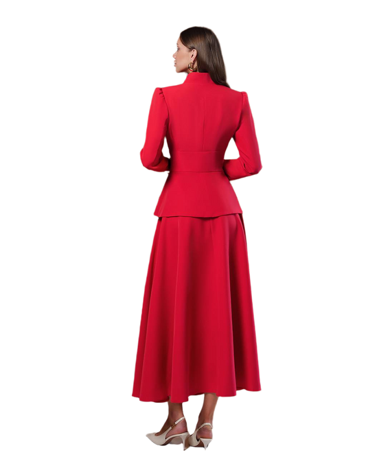 Red two-piece suit with a jacket and skirt on a white background