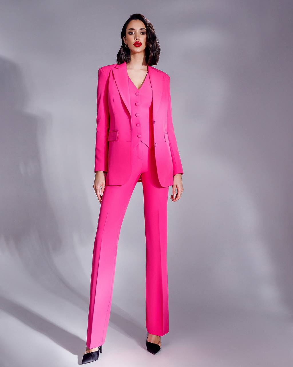 Womens Three Piece Suit with Vest in Vibrant Pink Diagonal Crepe