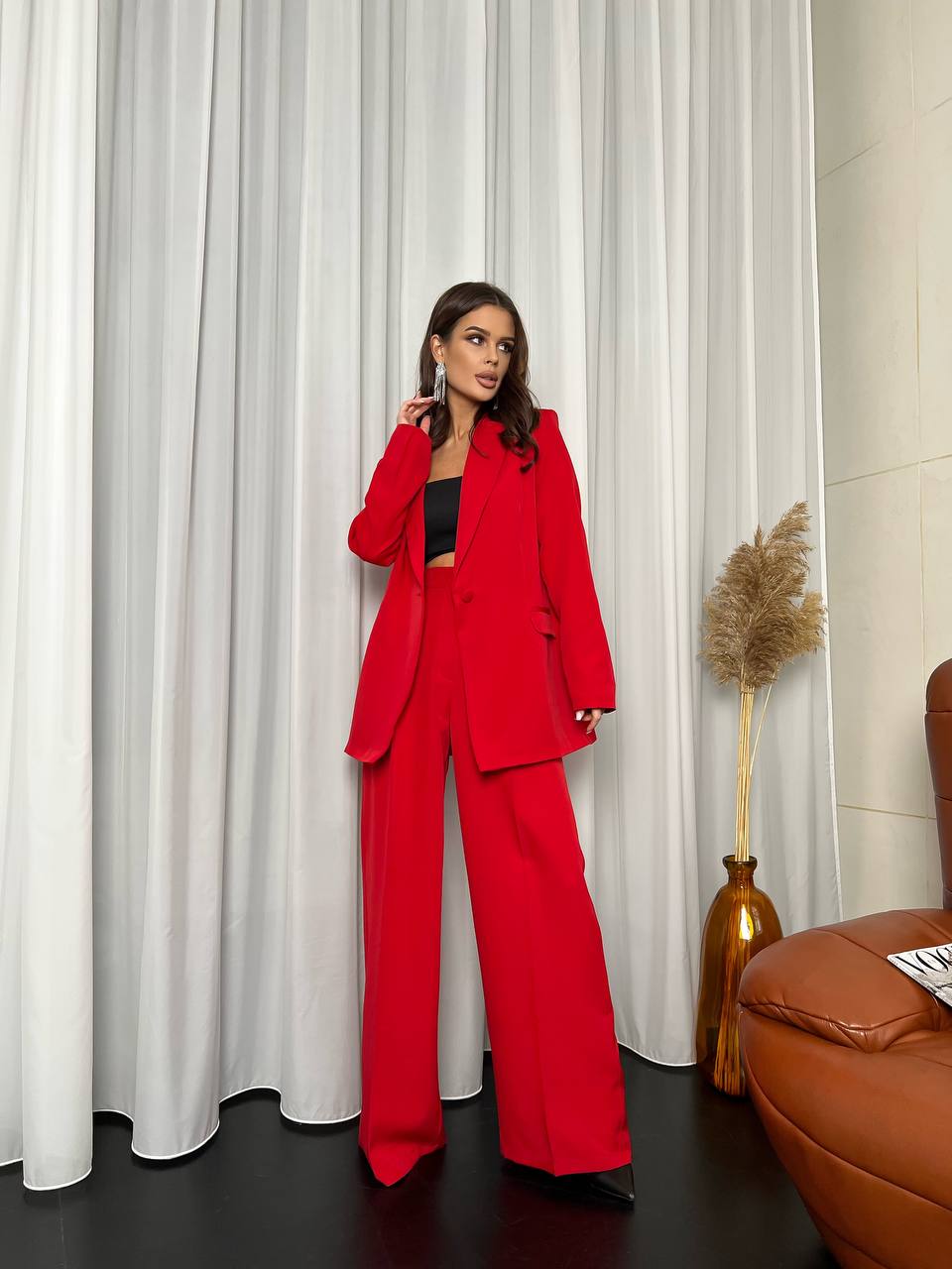 Red Diagonal Crepe Palazzo Suit Women Tailored Blazer Wide Leg Pants