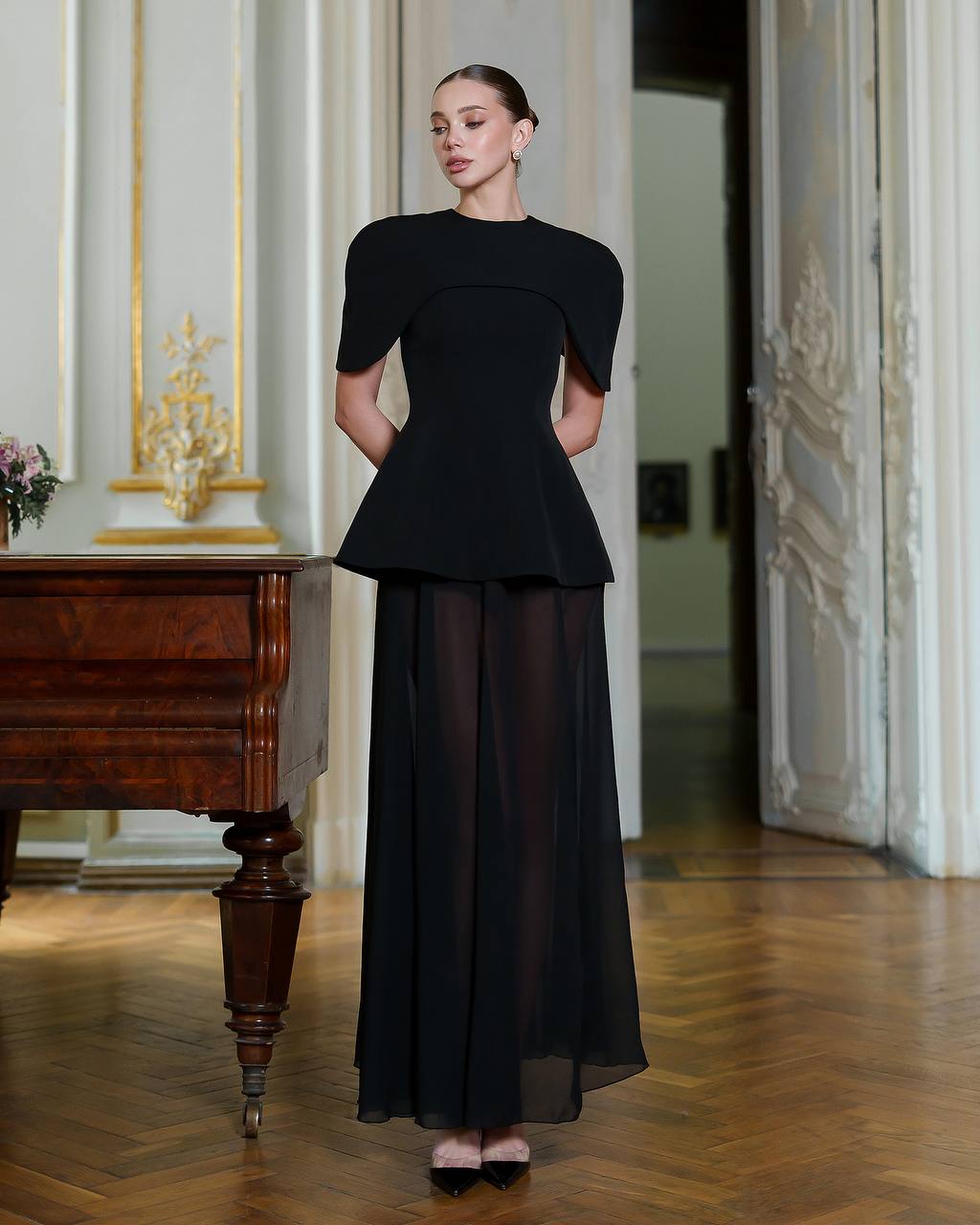 Elegant Corset Dress Set with Skirt and Cape in Premium Crepe and Chiffon