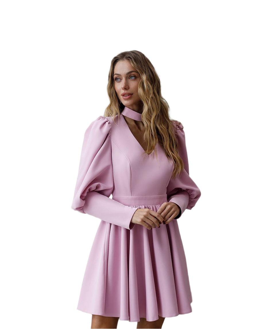 Elegant Pink Mini Dress with Full Skirt and Puff Sleeves