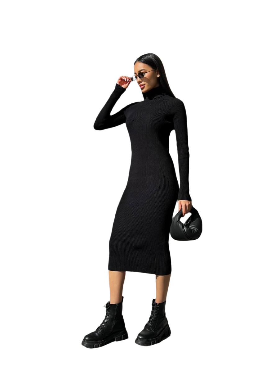 Seamless Midi Knitted Dress for Women with Long Sleeves