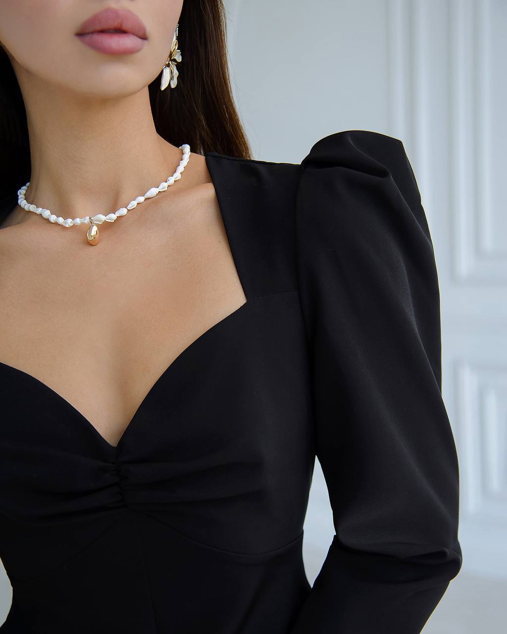 Elegant Black Midi Dress Women Puff Sleeve Crepe Diagonal Fabric