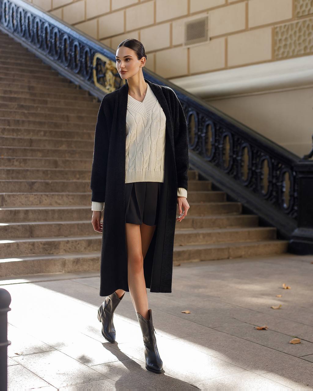 Silva Fluffy Black Long Cardigan with Belt for Women