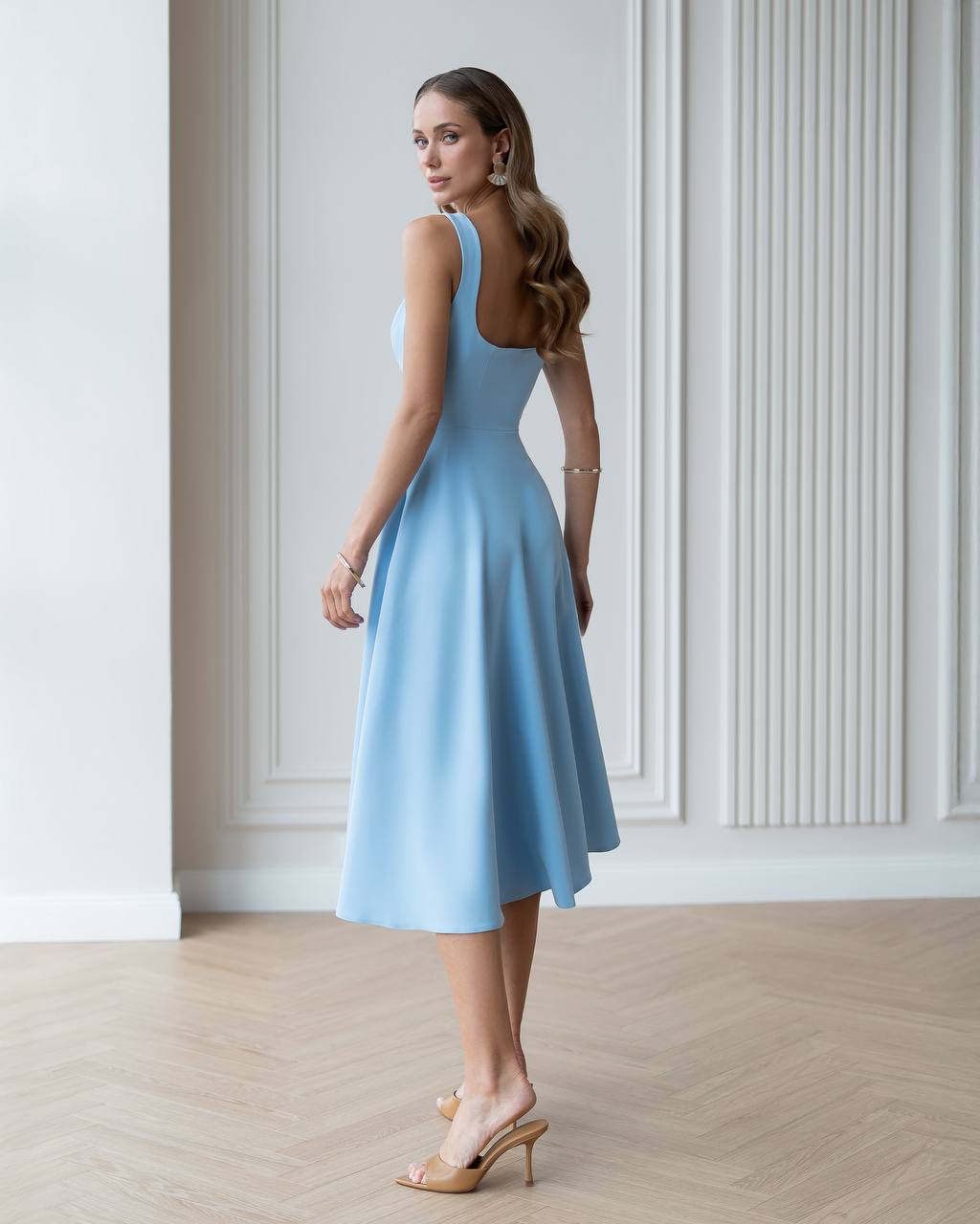 Elegant Blue Midi Dress in Premium Suit Crepe-Diagonal Fabric