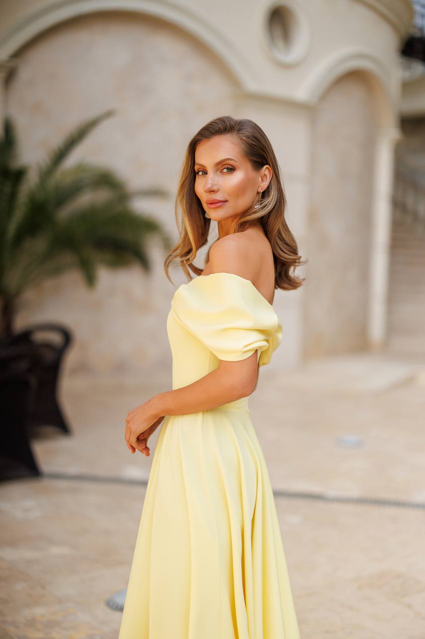 Elegant Off-Shoulder Yellow Diagonal Crepe Dress for Women