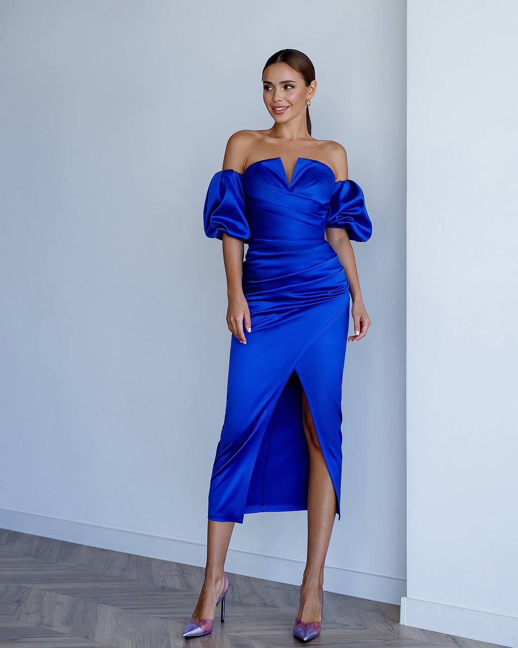 Royal Satin Midi Dress with Puff Sleeves in Electric Blue