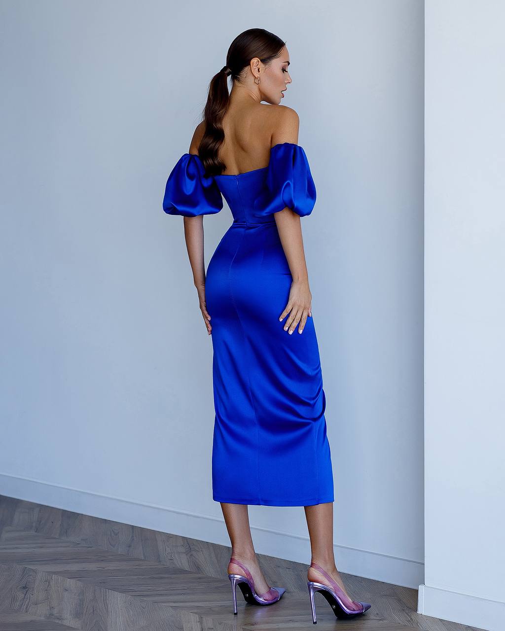 Royal Satin Midi Dress with Puff Sleeves in Electric Blue
