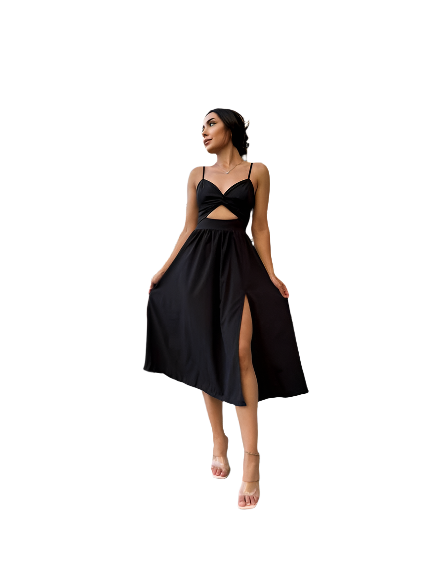 Elegant Black Soft Fabric Midi Dress with Side Slit and Cutout