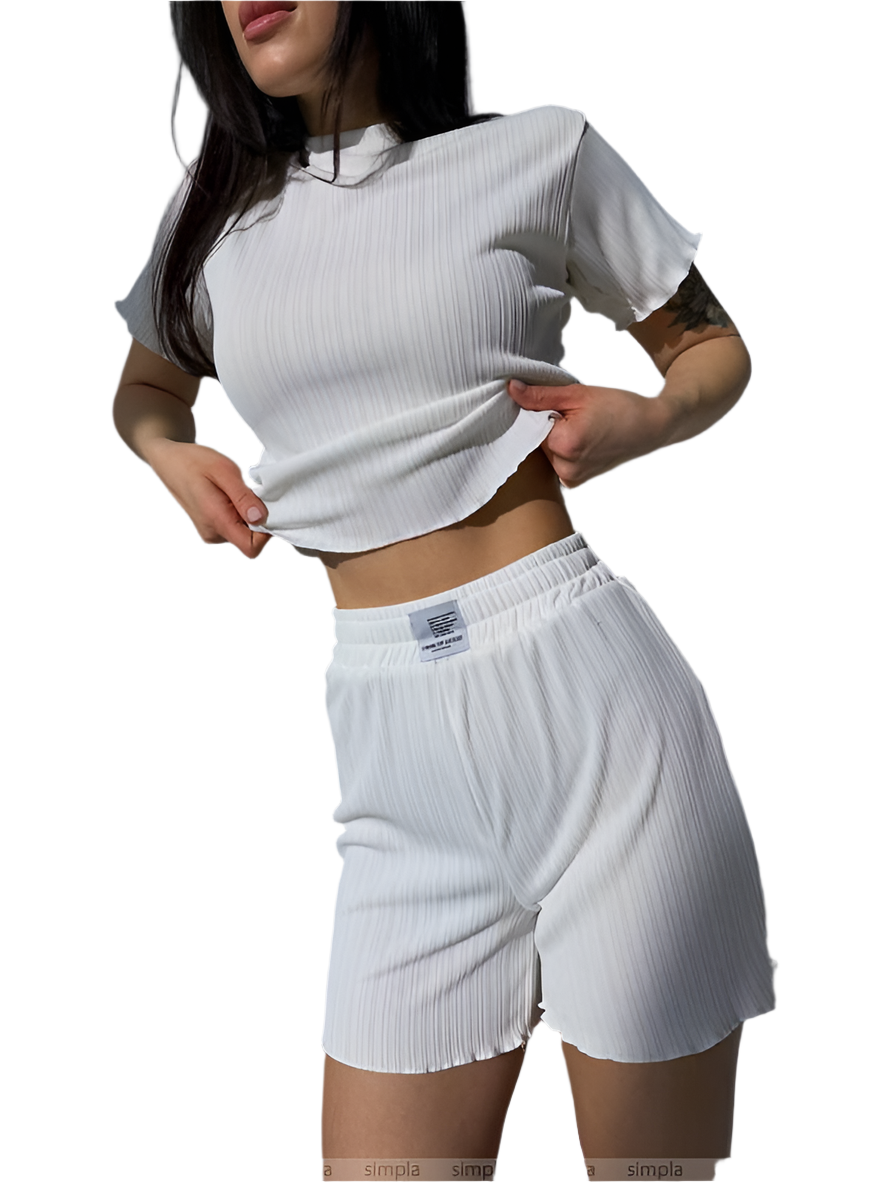 Comfortable White Ribbed Two-Piece Loungewear Set for Home and Outdoor