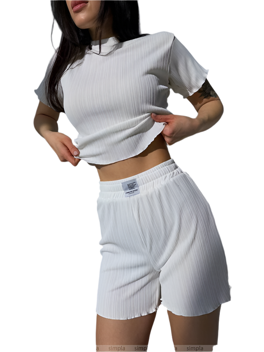 Comfortable White Ribbed Two-Piece Loungewear Set for Home and Outdoor