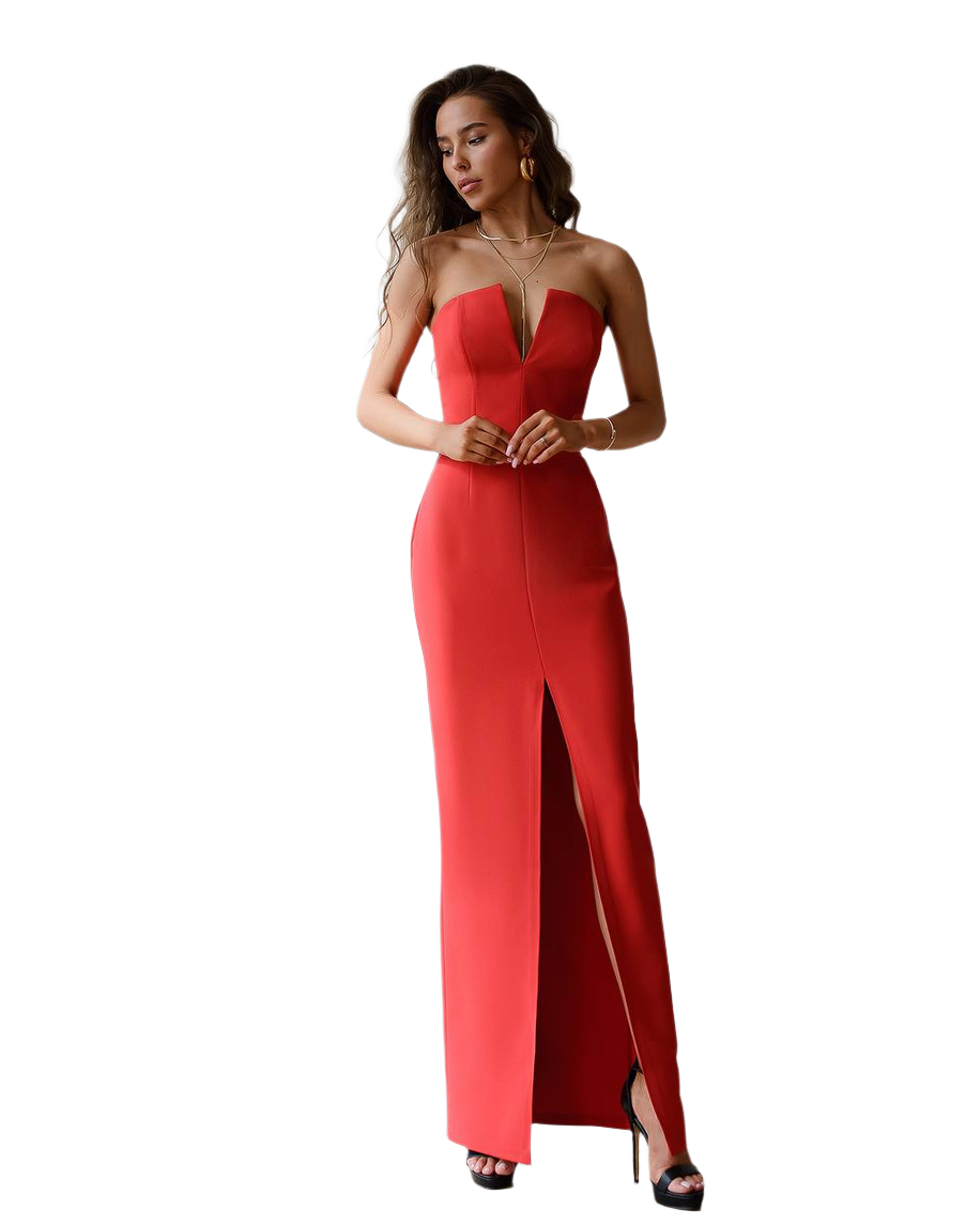 Elegant Strapless Corset Maxi Dress with Front Slit