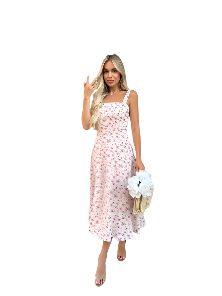 Woman wearing a floral dress holding a bouquet on a white background