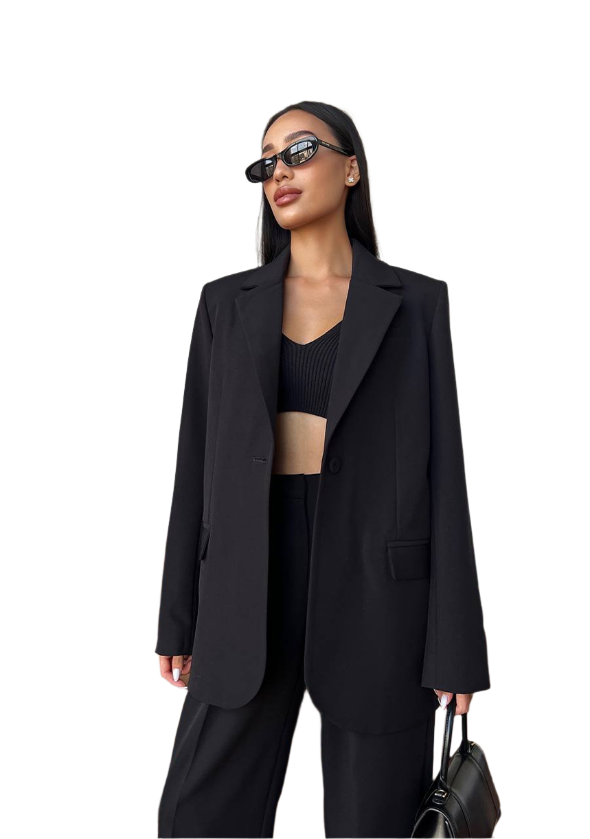 Woman wearing a black suit with sunglasses on a white background