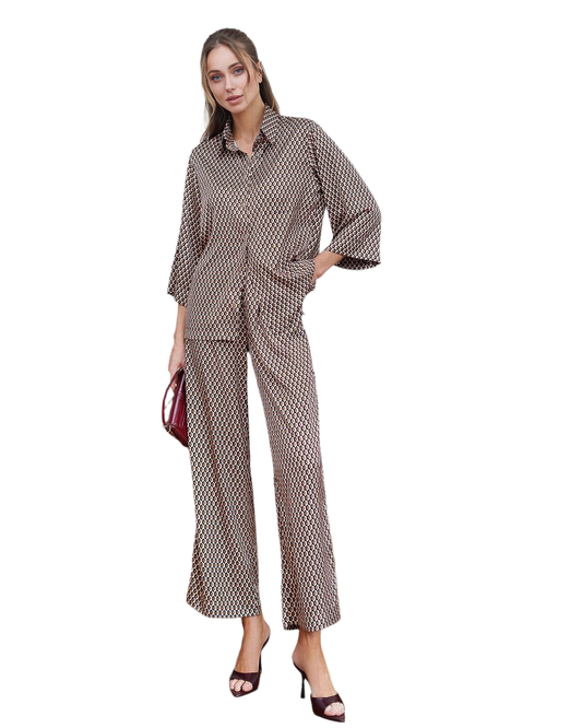 Womens Premium Printed Silk Suit Cropped Shirt and Trousers