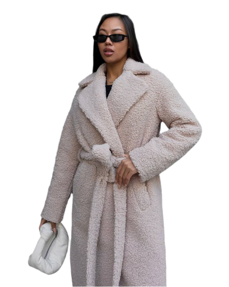 Winter Faux Fur Boucle Coat for Women with Belt Warm Insulated -15°C