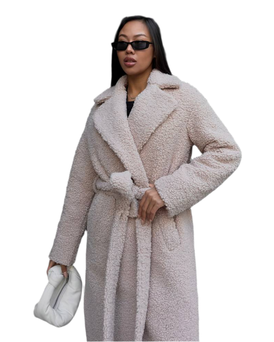 Winter Faux Fur Boucle Coat for Women with Belt Warm Insulated -15°C