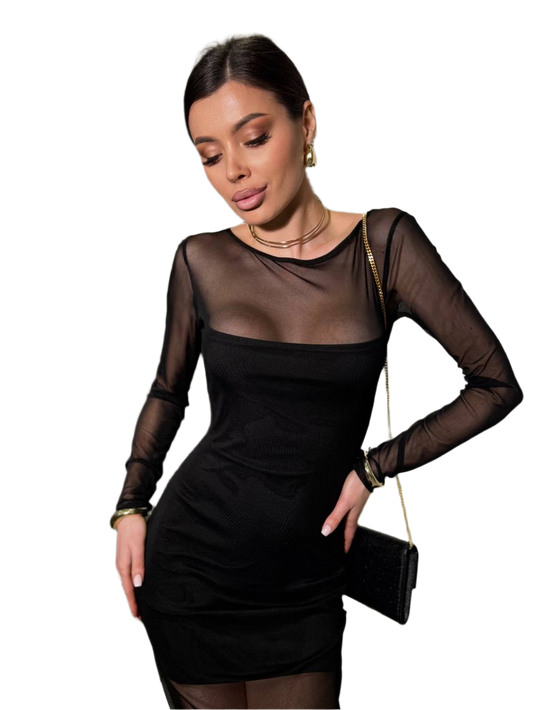 Woman wearing a black dress with sheer sleeves against a white background